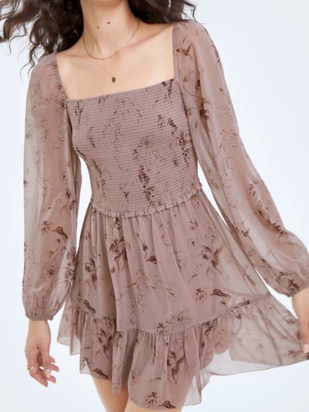 NEW Aritzia Wilfred Tempest Mauve Smocked Bodice Floral Long Sleeve Mini Dress